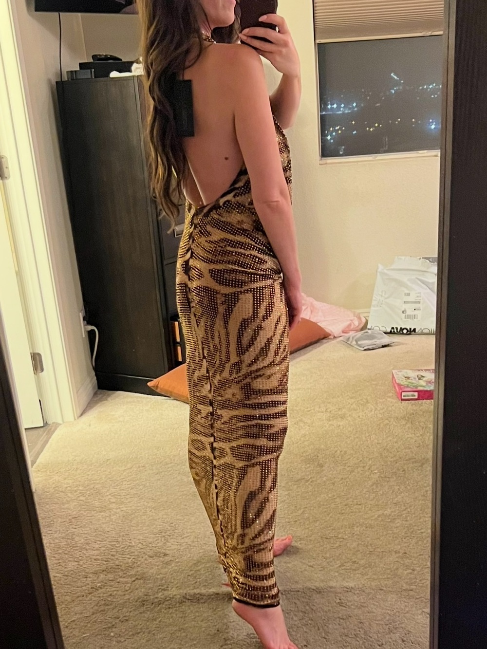 Fashion Nova Brown & Black Sequin Backless Halter Dress - Picture 2 of 7